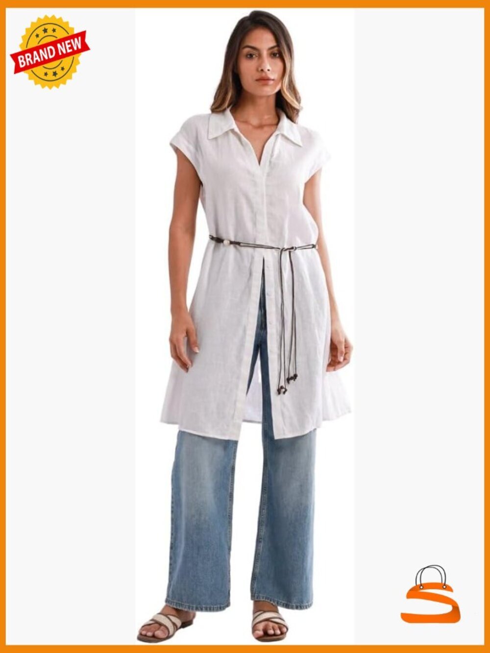 Pure Linen Cap Sleeve Button Down Shift Dress with Belt Knee-Length